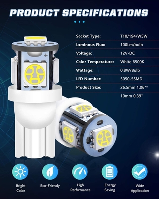 194 ऑटोमोटिव एलईडी लाइट बल्ब 6500K वेज T10 SMD 5050 चिप्स