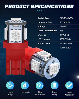 194 ऑटोमोटिव एलईडी लाइट बल्ब 6500K वेज T10 SMD 5050 चिप्स