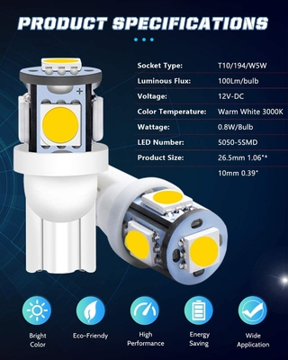 194 ऑटोमोटिव एलईडी लाइट बल्ब 6500K वेज T10 SMD 5050 चिप्स